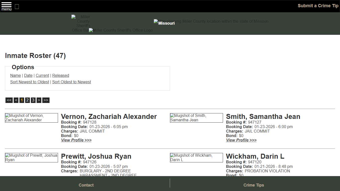 Inmate Roster - Page 1 Current Inmates Booking Date Descending - Miller County Sheriff MO